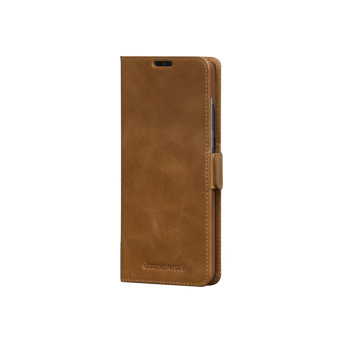 Hellbraune Leder-Handyhülle. Auf der Vorderseite steht „dbrandante1928“.