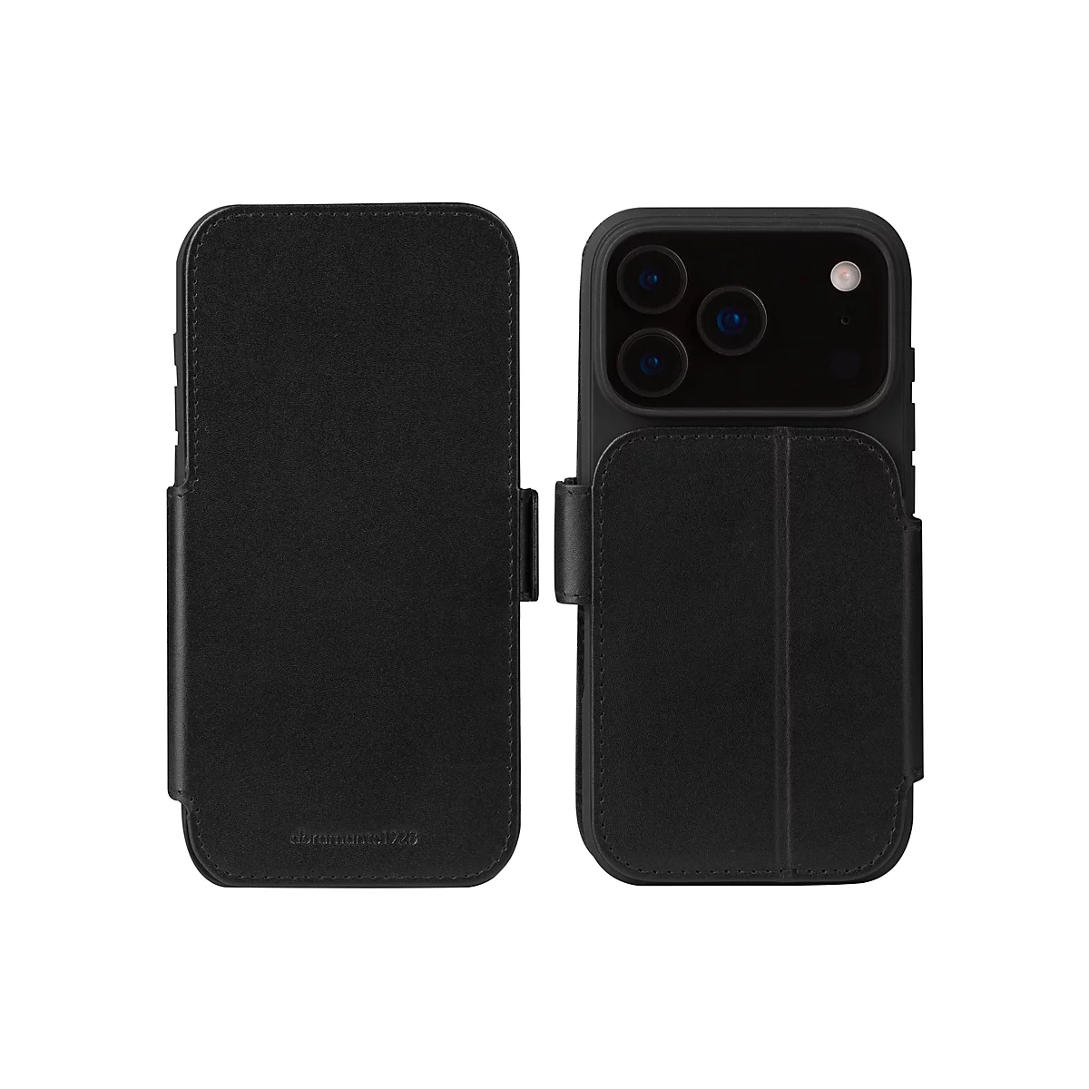 Schwarze Leder-Handyhülle mit integrierter Klappe und Magnetverschluss. Auf der Rückseite sind die Kameralinsen des Smartphones zu sehen.