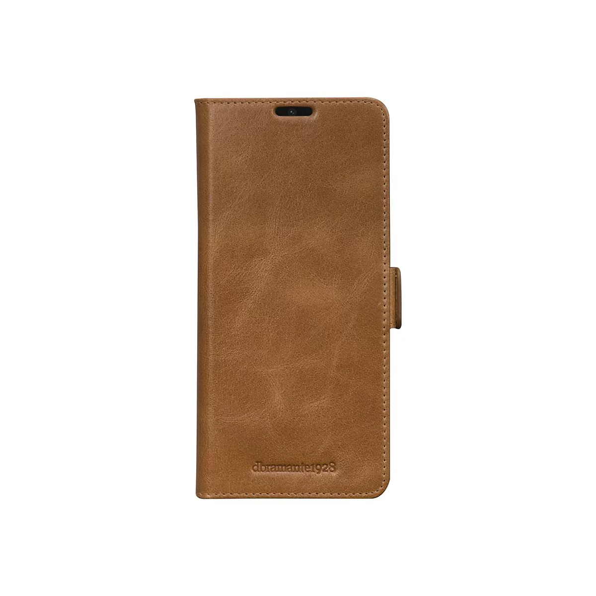 Braunes Leder-Handycase mit Klappdeckel und Magnetverschluss. Aufschrift: doramante1928.