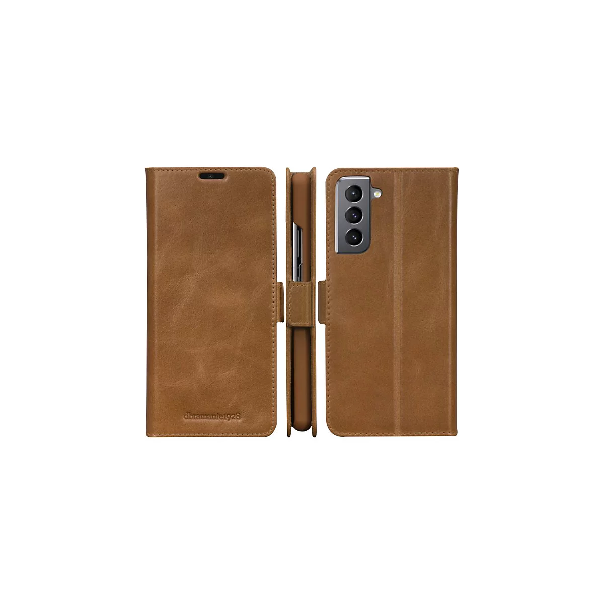 Braune Leder-Handyhülle für Samsung, in drei Ansichten. Das Gehäuse ist geschlossen und offen abgebildet.