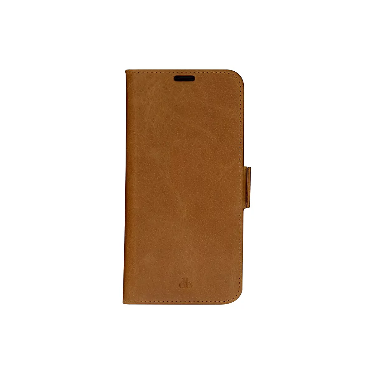 Hellbraune Handyhülle aus Leder. Obere Öffnung für die Kamera, mit Verschlusslasche.