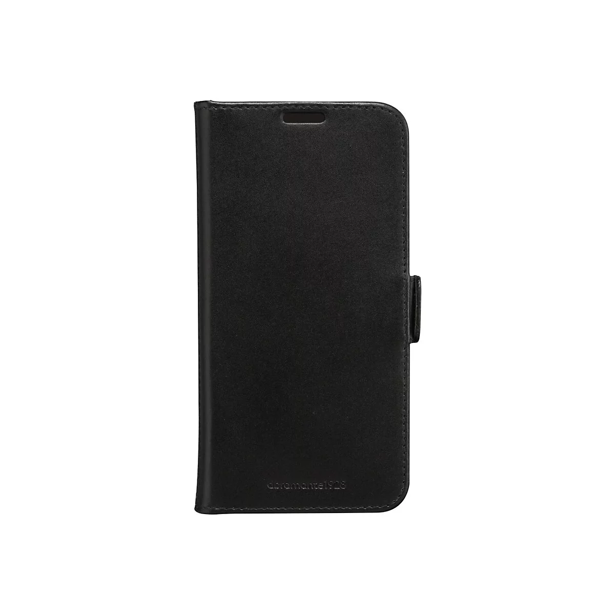 Schwarze Handyhülle mit Klappfunktion. Auf der Innenseite befindet sich ein Verschluss.