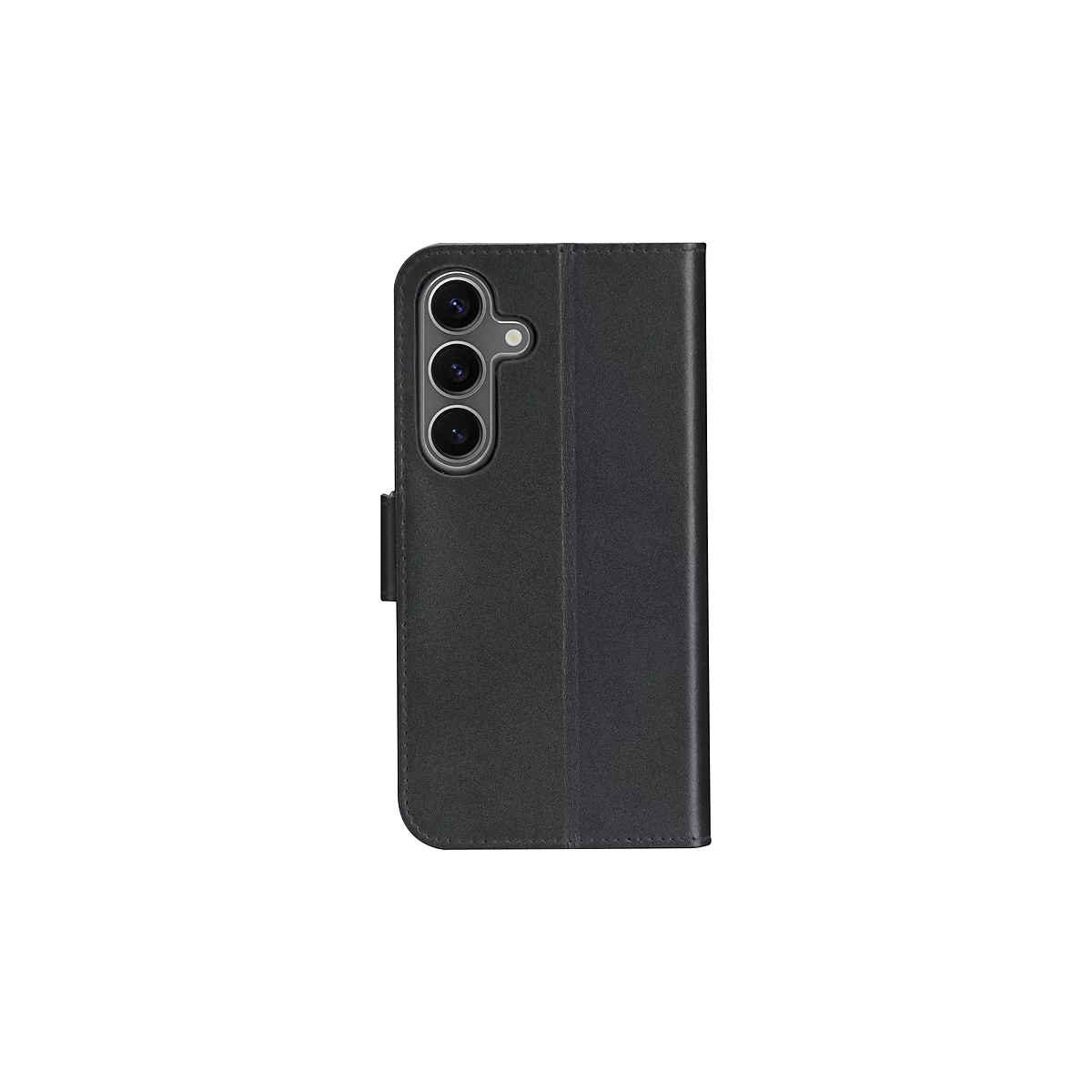 Schwarze Handyhülle für Samsung, offene Klappe, Kameras sichtbar.