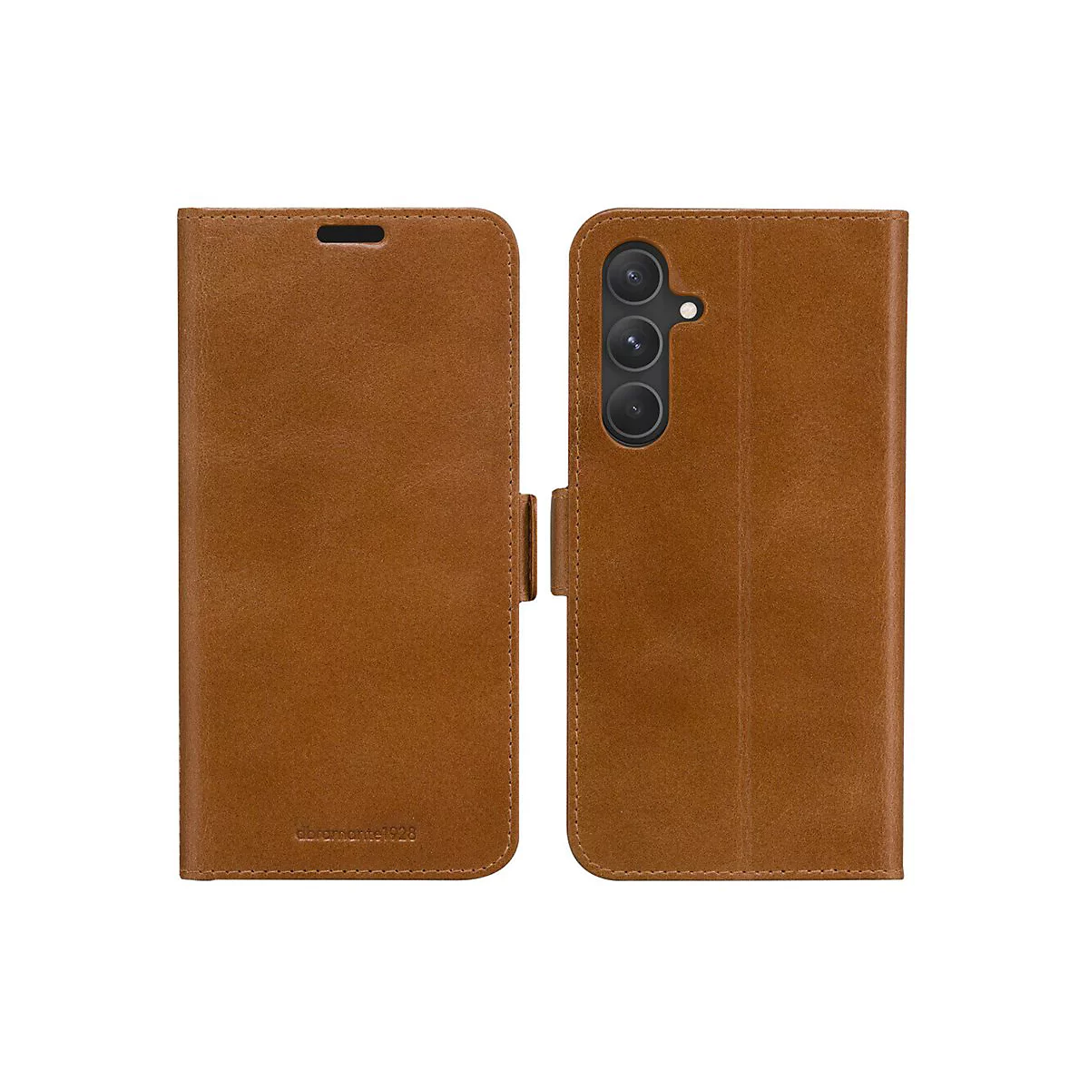 Braune Handyhülle mit Klappfunktion, offene und geschlossene Ansicht. Aufgedruckter Schriftzug: abramante1928.