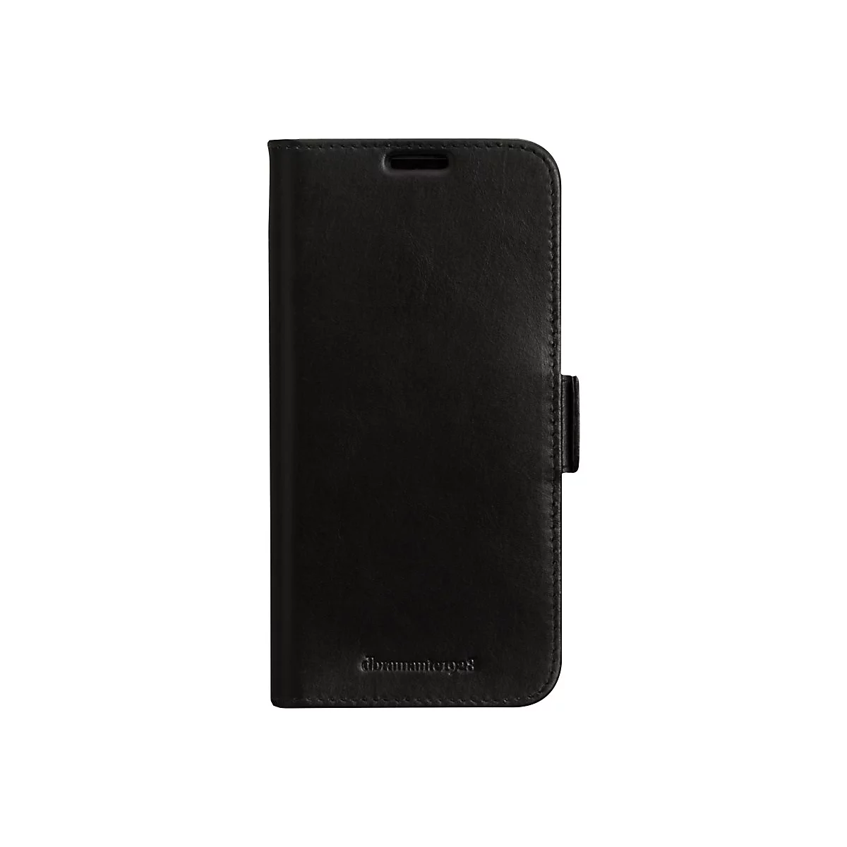Schwarze Leder-Handyhülle im geschlossenen Zustand mit Logo. Vertikale Ausrichtung.