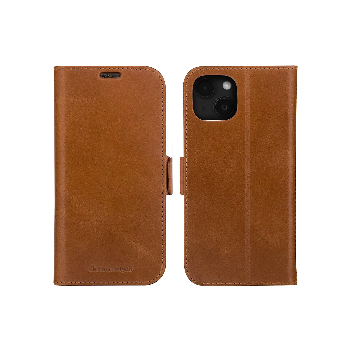 Hellbraune Leder-Handyhülle, offen. Auf der linken Seite befindet sich das Cover mit dem Schriftzug "dbramante1928". Auf der rechten Seite ist die Innenseite mit Kamera-Ausschnitt zu sehen.
