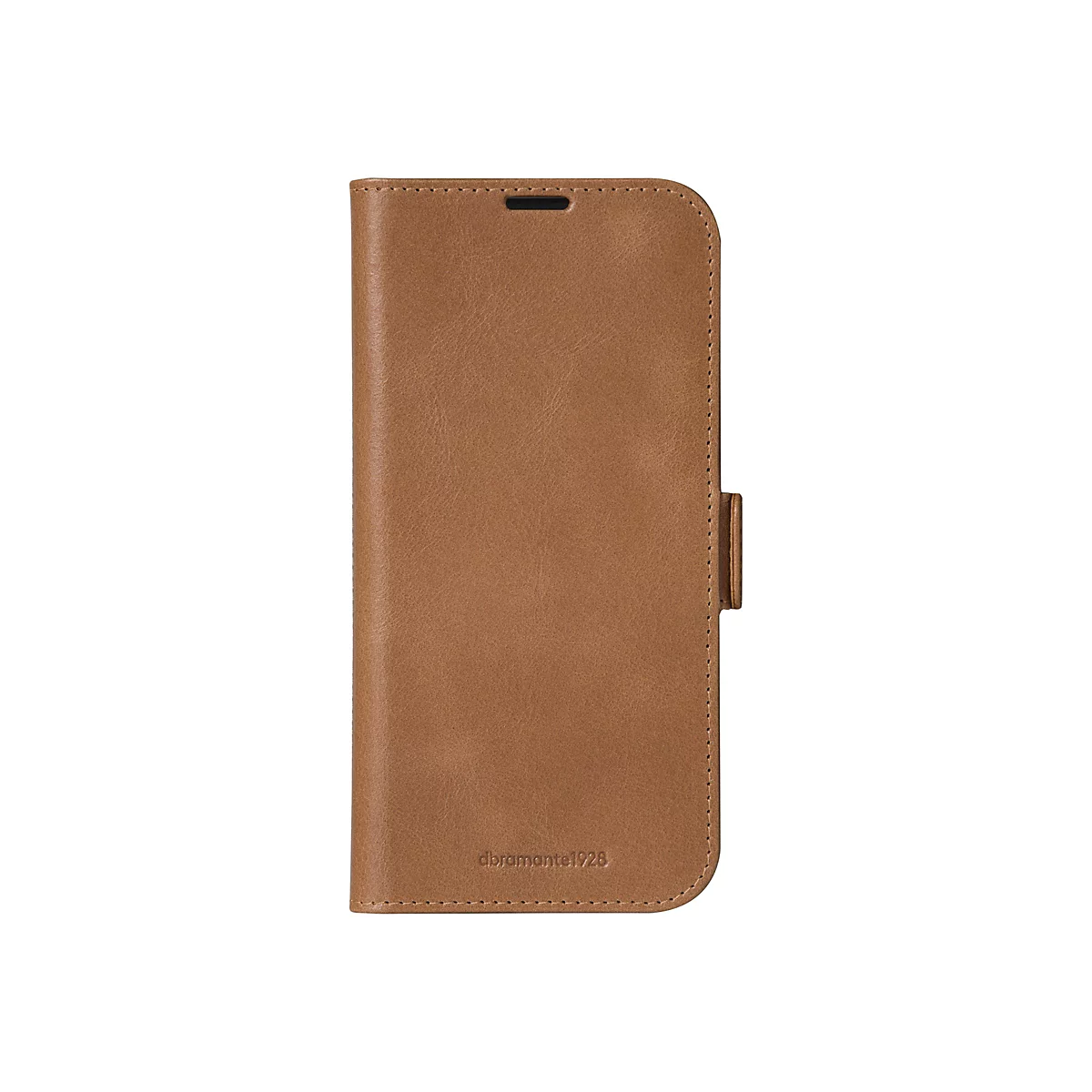 Hellbraune Leder-Handyhülle. Auf der Vorderseite das Logo abramante1928, auf der Rückseite eine Lasche mit goldfarbenem Verschluss.
