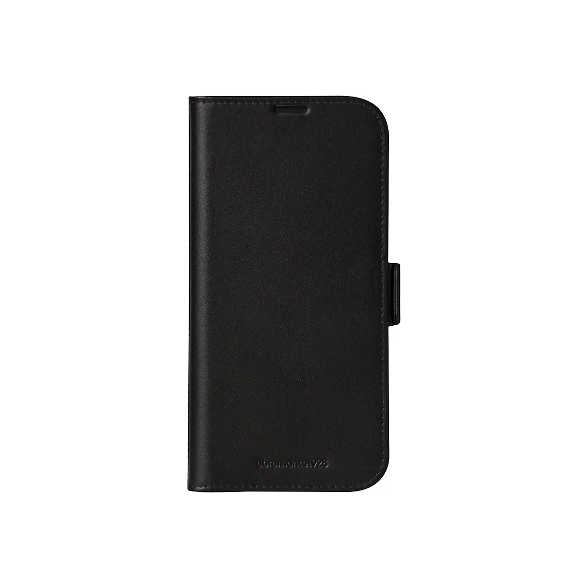 Schwarzes Smartphone-Case in Lederoptik, mit Textur und Magnetverschluss.