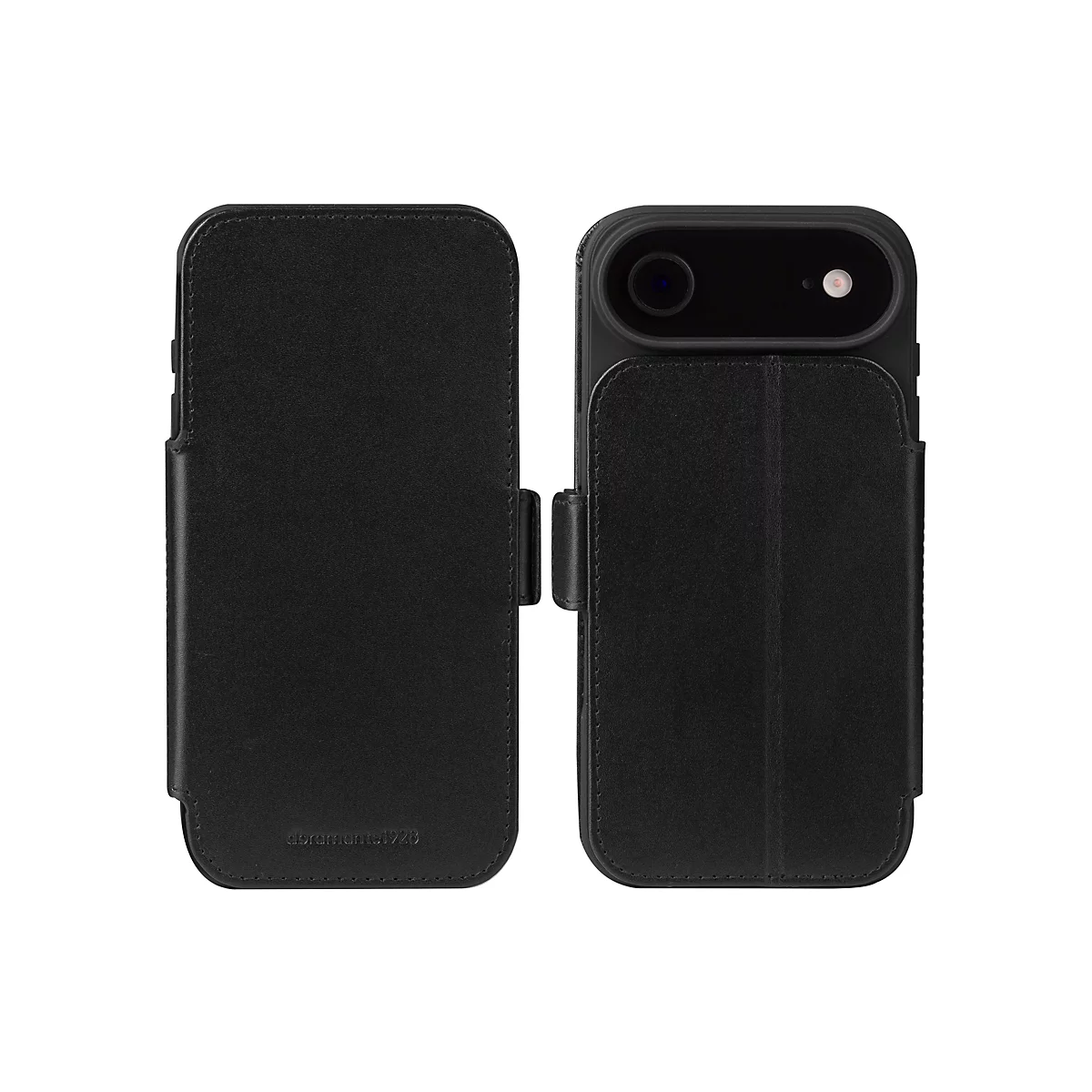 Schwarze Handyhülle mit Klappfunktion. Auf der linken Seite das geschlossene Cover, rechts das Smartphone im geöffneten Zustand.