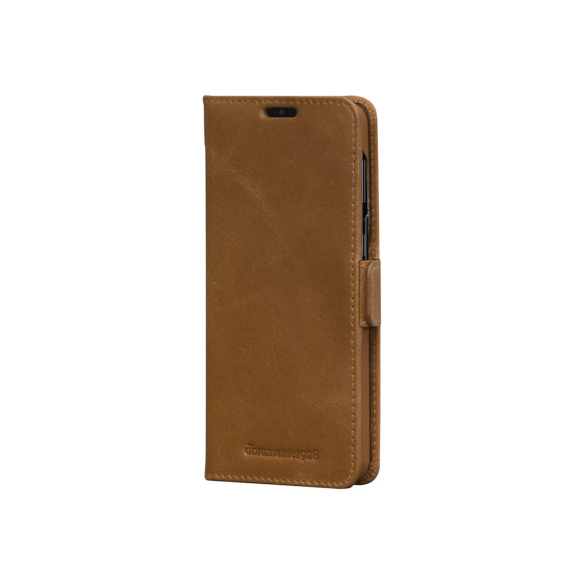 Hellbraune Handyhülle aus Leder mit Klappfunktion. Auf der Vorderseite steht 'libramantel 1928'.