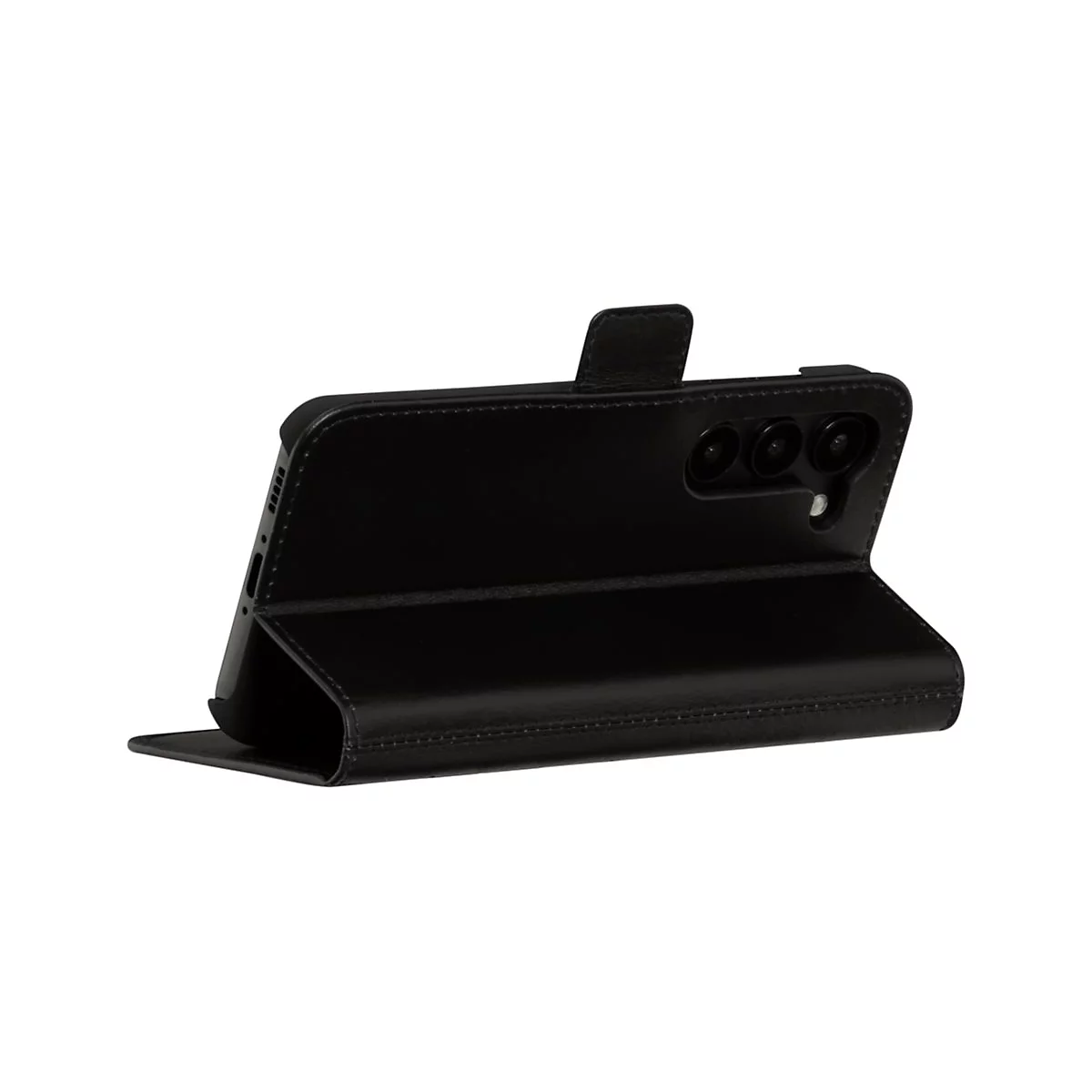 Schwarze Handyhülle mit Klappfunktion. Die Rückseite zeigt drei Kameraobjektive.