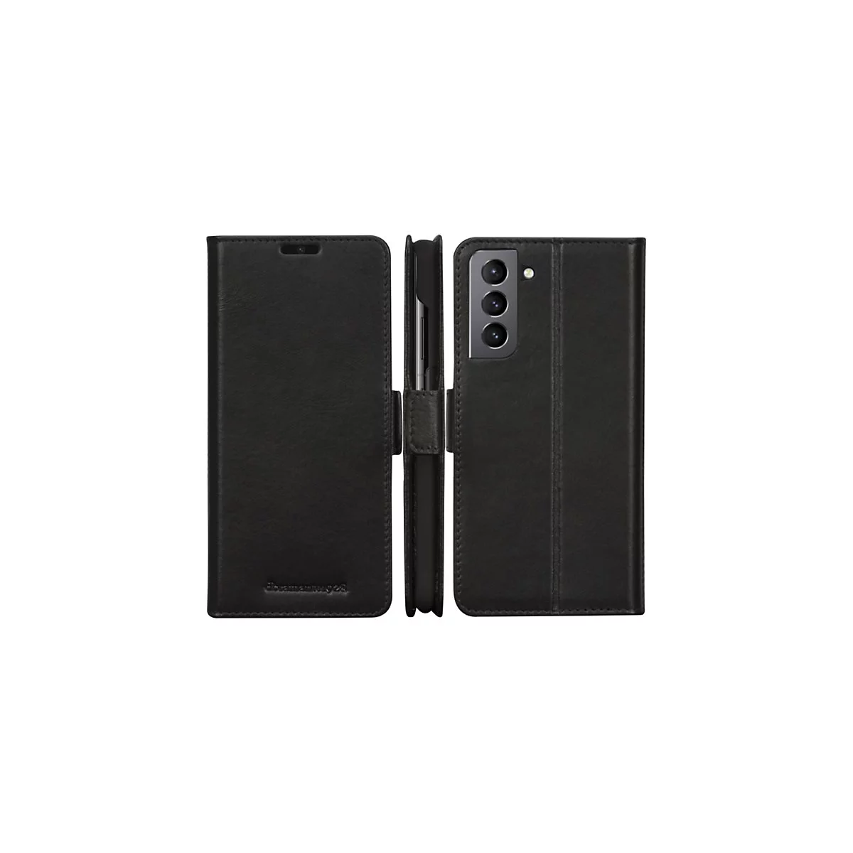 Schwarze Handyhülle für Samsung, mit Magnetverschluss und Standfunktion.