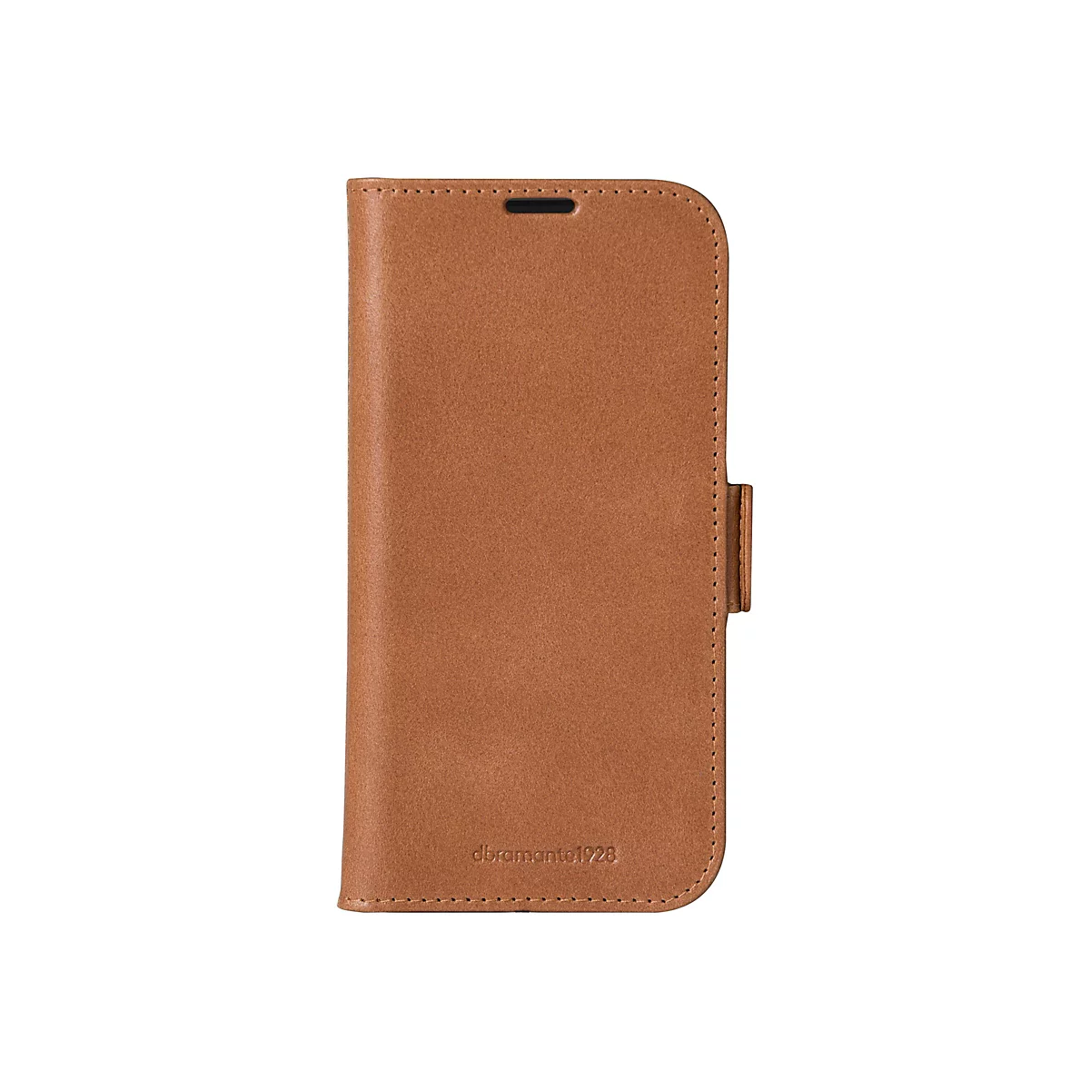 Étui de téléphone en cuir marron clair. Il est fermé et possède une languette avec un bouton-pression.