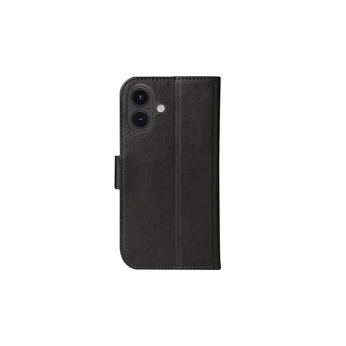 Coque de téléphone noire avec découpe pour appareil photo et fonction pliante.