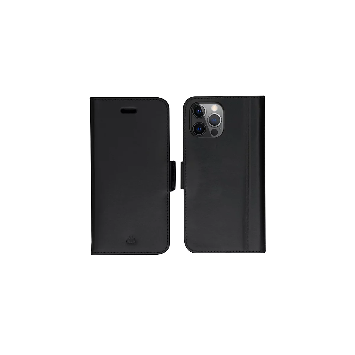 Étui de téléphone à rabat noir ; le téléphone est visible dans l'étui.