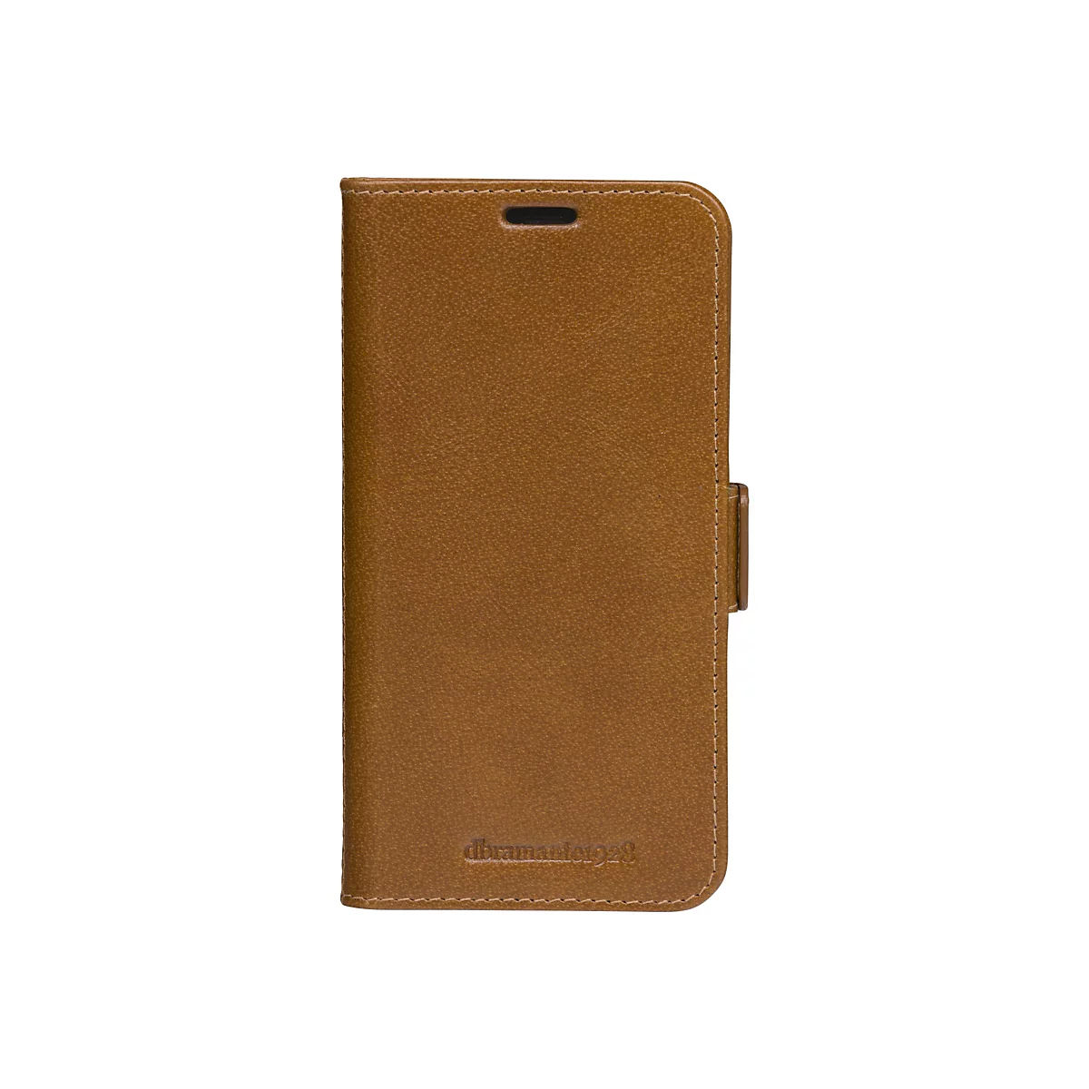 Hellbraune Leder-Handyhülle im geschlossenen Zustand. Oben ist ein Ausschnitt für die Ohrmuschel, unten steht der Schriftzug "dbramante1928".