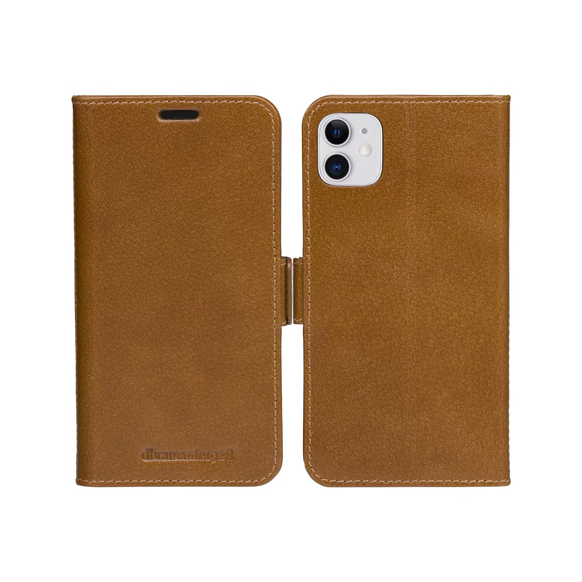 Braunes iPhone-Case im geöffneten Zustand. Auf der Innenseite befindet sich ein iPhone. Der Case hat eine Naht und den Schriftzug 'dbramante1928'.