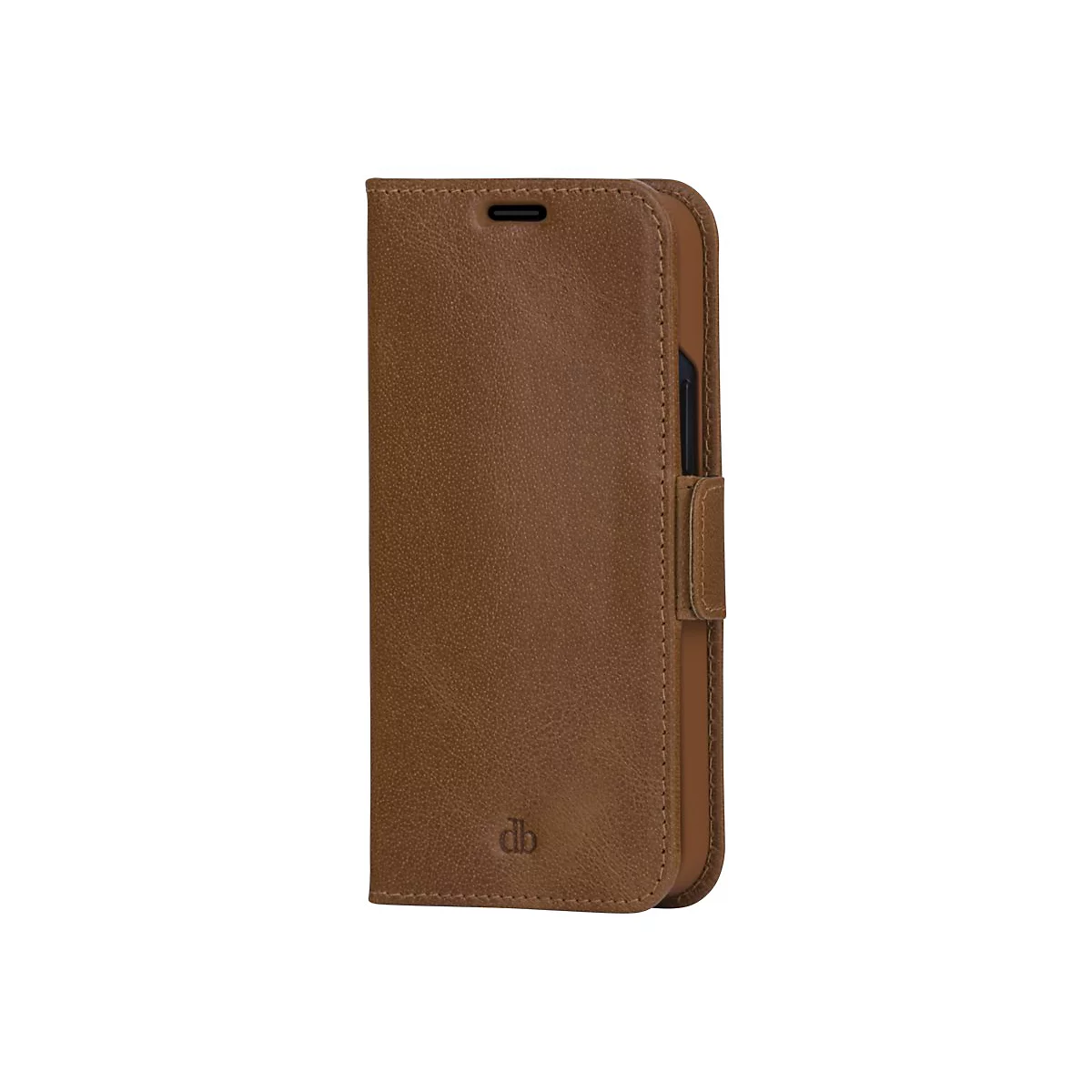 Braunes Leder-Handy-Case mit Magnetverschluss. Das Case hat auf der unteren rechten Seite die Initialen 'db'.