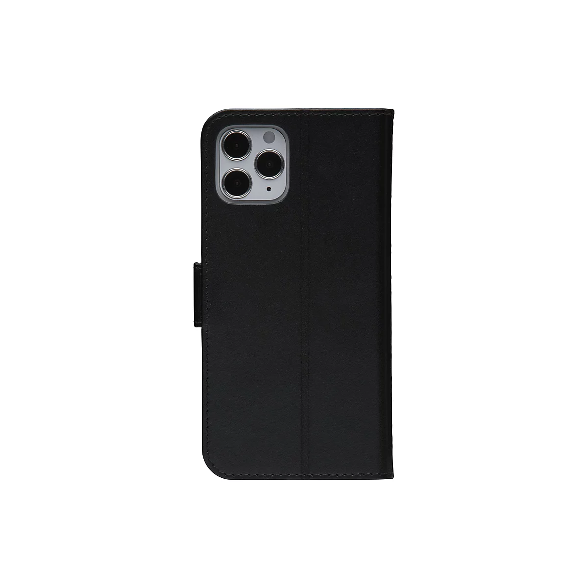 Schwarzes Handy Case mit geschlossener Klappe, Kamerateil sichtbar.