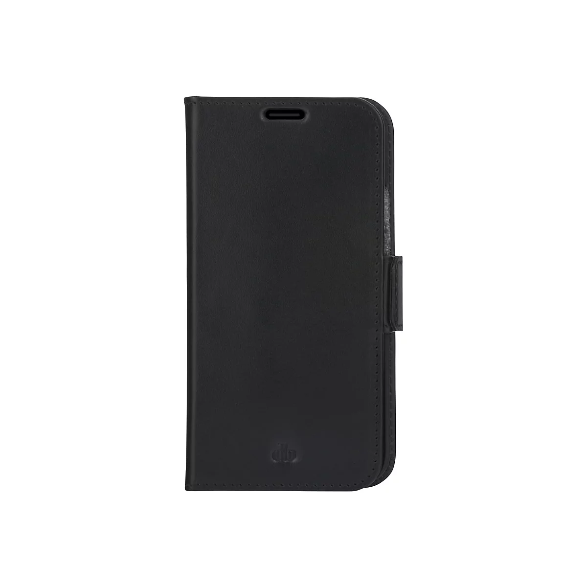 Schwarzes Handy-Etui, geschlossen. Auf der Vorderseite befindet sich ein kleines Logo.