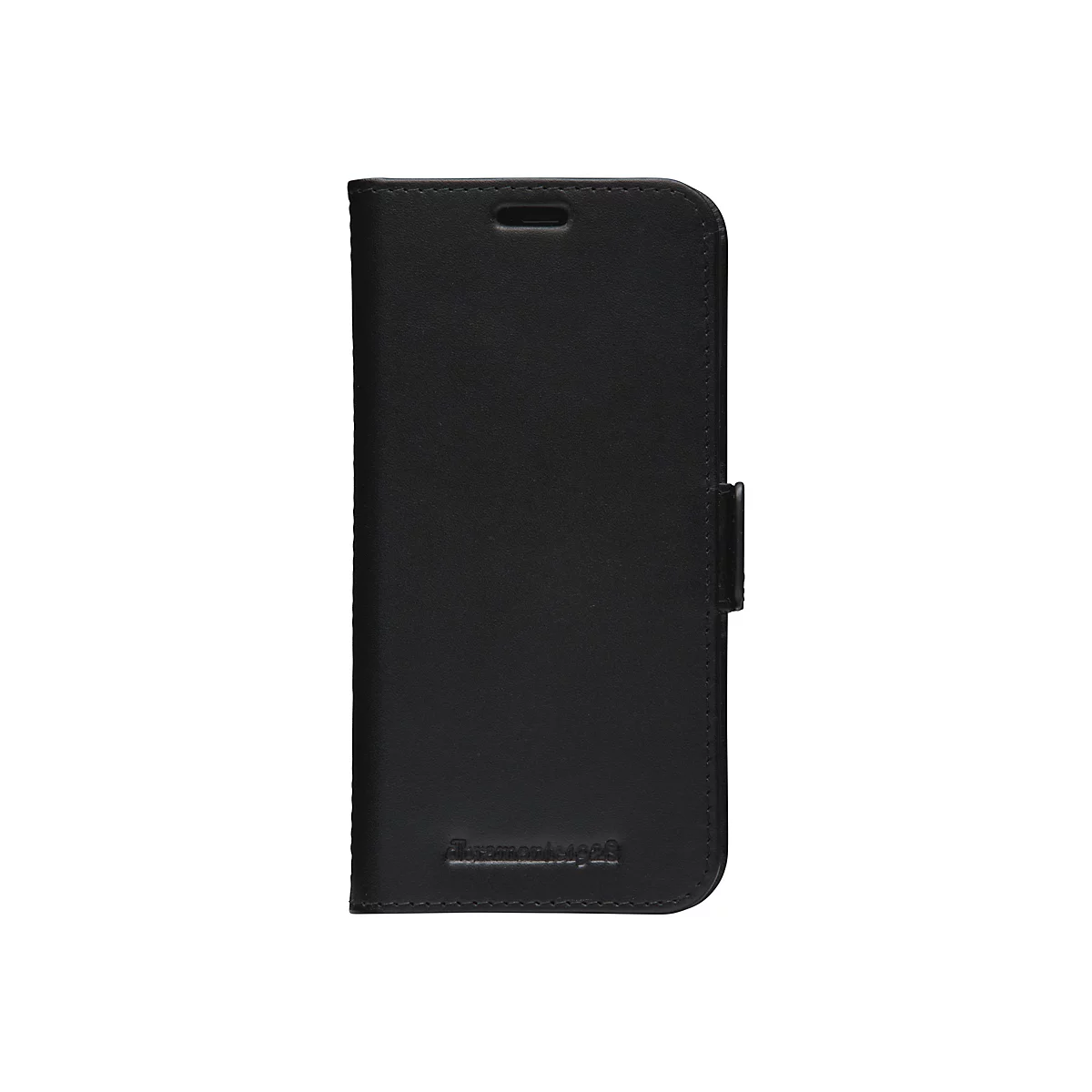 Schwarzes Handy-Case im Querformat, geschlossen. Oben eine Öffnung für die Ohrmuschel. Logo unten.