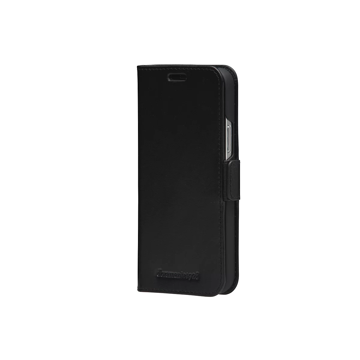 Schwarzes Handy-Case mit Ledertextur, Markenlogo unten, Klappverschluss. Auf weißem Hintergrund.