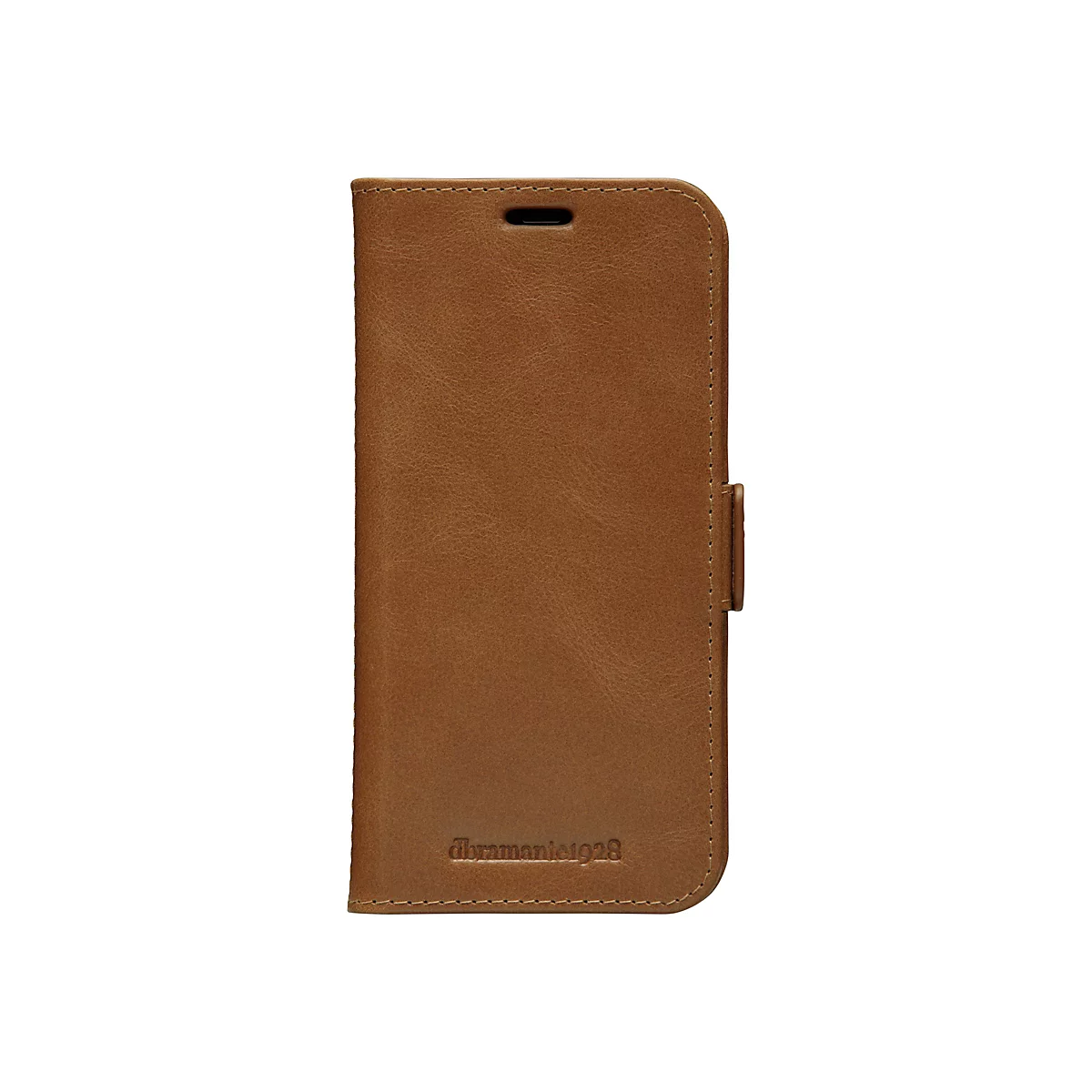 Hellbraune, lederartige Handyhülle mit Verschluss, gestickten Nähten und dem Schriftzug "abramanie1928".