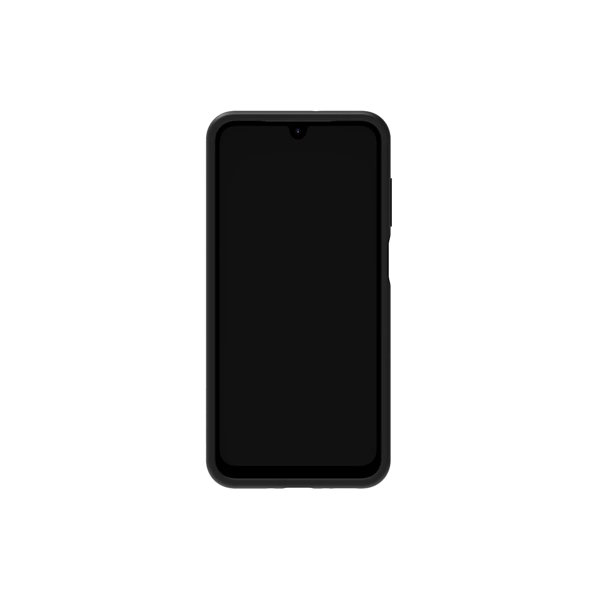 Schwarzes Smartphone vor weißem Hintergrund. Der Bildschirm ist schwarz.