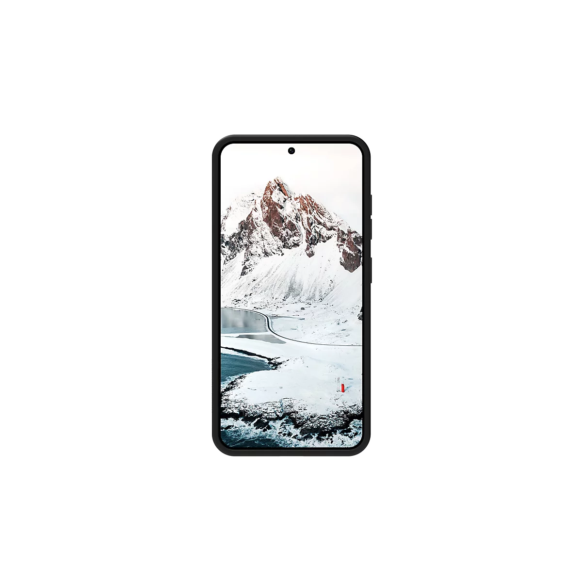 Smartphone zeigt winterliche Landschaft mit schneebedeckten Bergen, Küste und Meer.