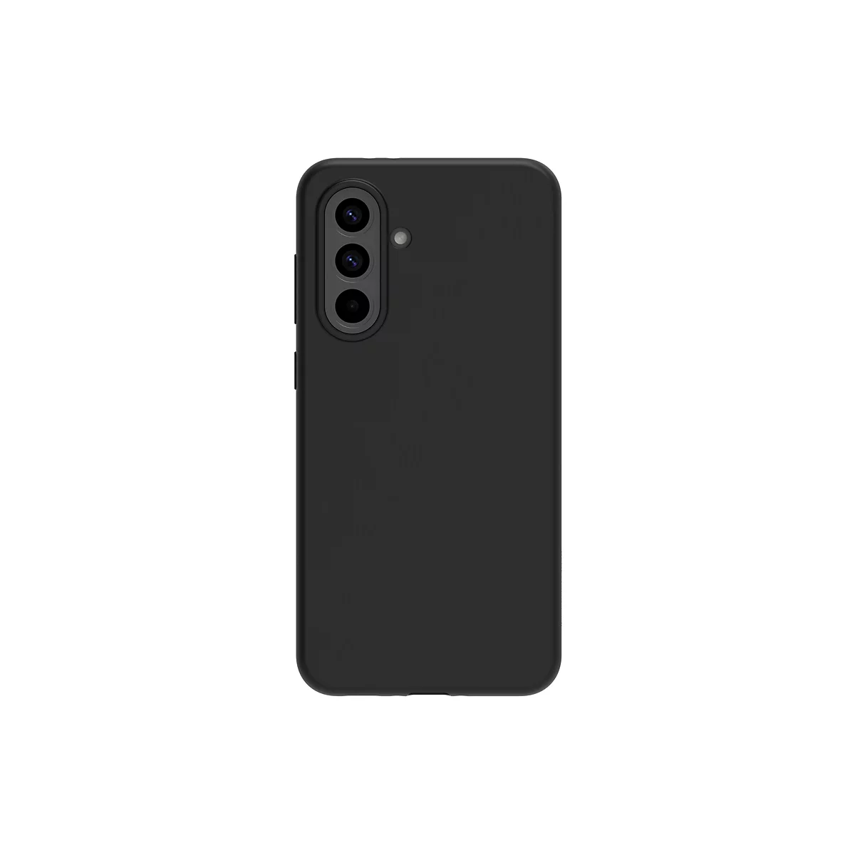 Schwarze Handyhülle mit drei Kameraöffnungen auf weißem Hintergrund.