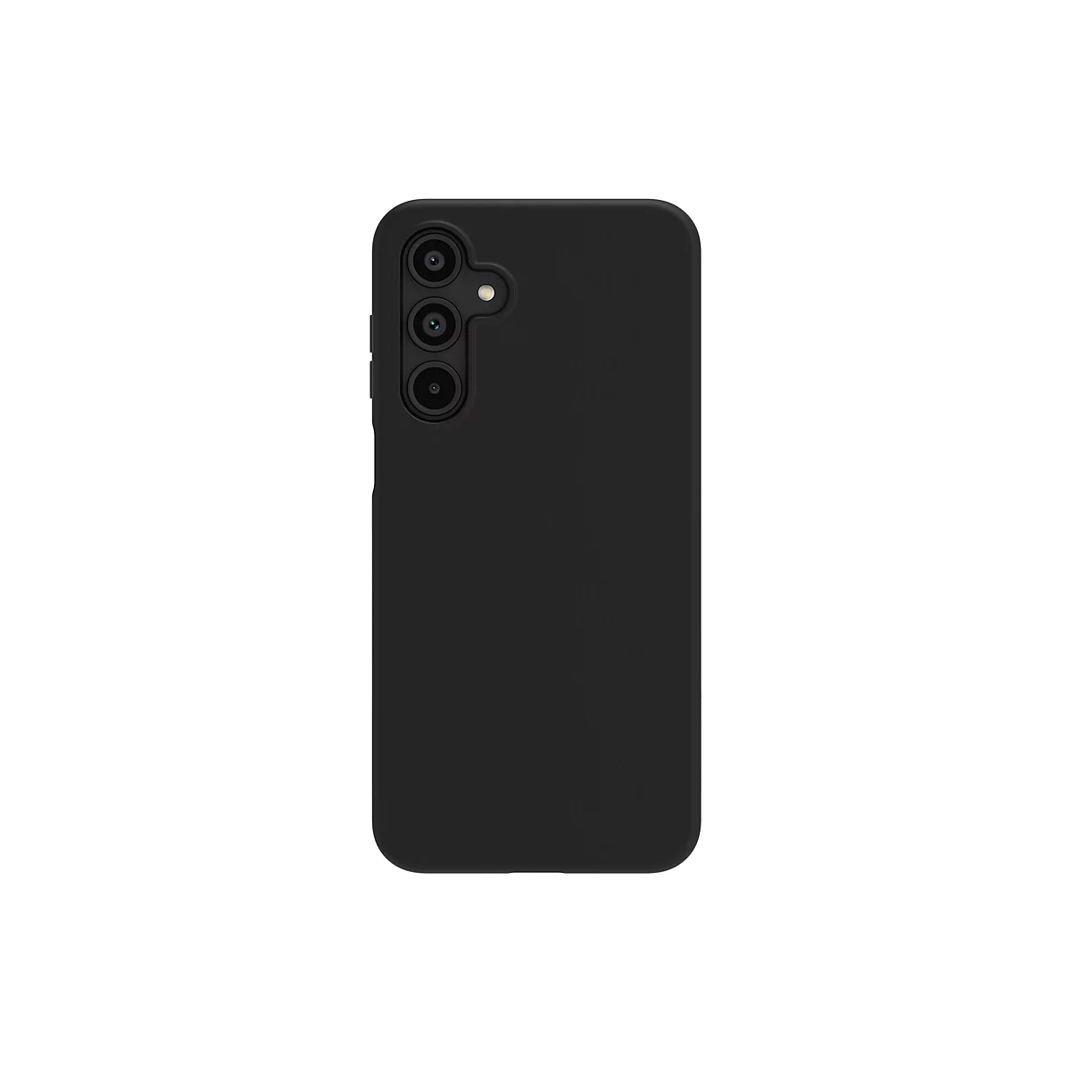 Schwarze Handyhülle vor weißem Hintergrund. Drei Kameraobjektive und ein Blitz sind sichtbar.