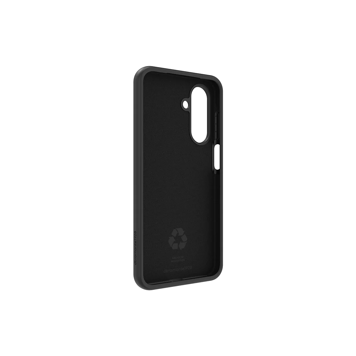 Schwarze Handyhülle mit Aussparungen für Kamera und Knöpfe. Aufschrift: "dbrand1928", Logo für Recycling und "RECYCLED PROTECTION".