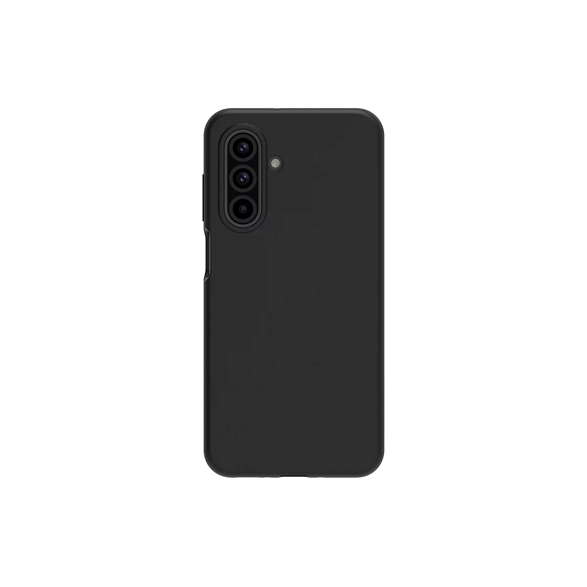 Schwarze Handyhülle vor weißem Hintergrund. Drei Kameraobjektive vertikal angeordnet, daneben eine weitere Linse.