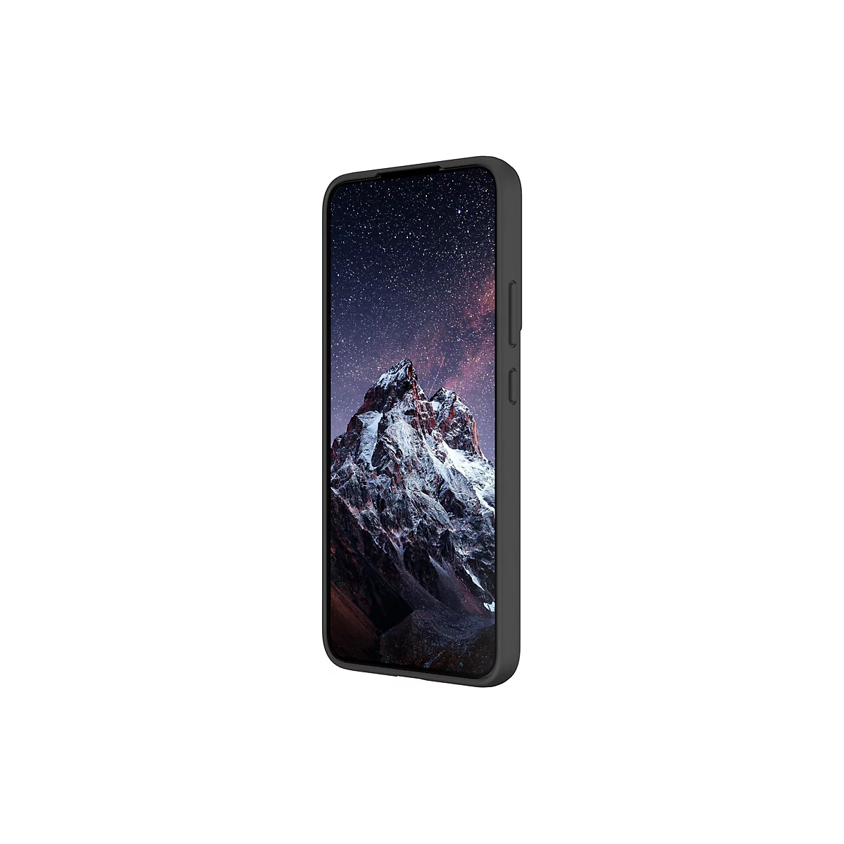 Smartphone, mit Display eines Bergpanoramas vor sternenklarem Nachthimmel. Das Telefon ist in einer dunklen Schutzhülle.