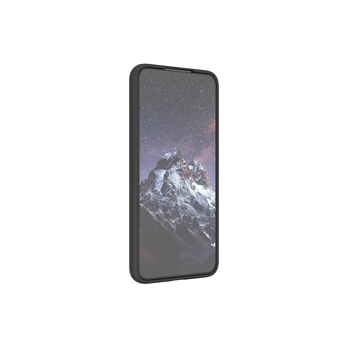 Schwarz gerahmtes Smartphone, das ein Berglandschaftsbild zeigt. Es steht vor weißem Hintergrund.