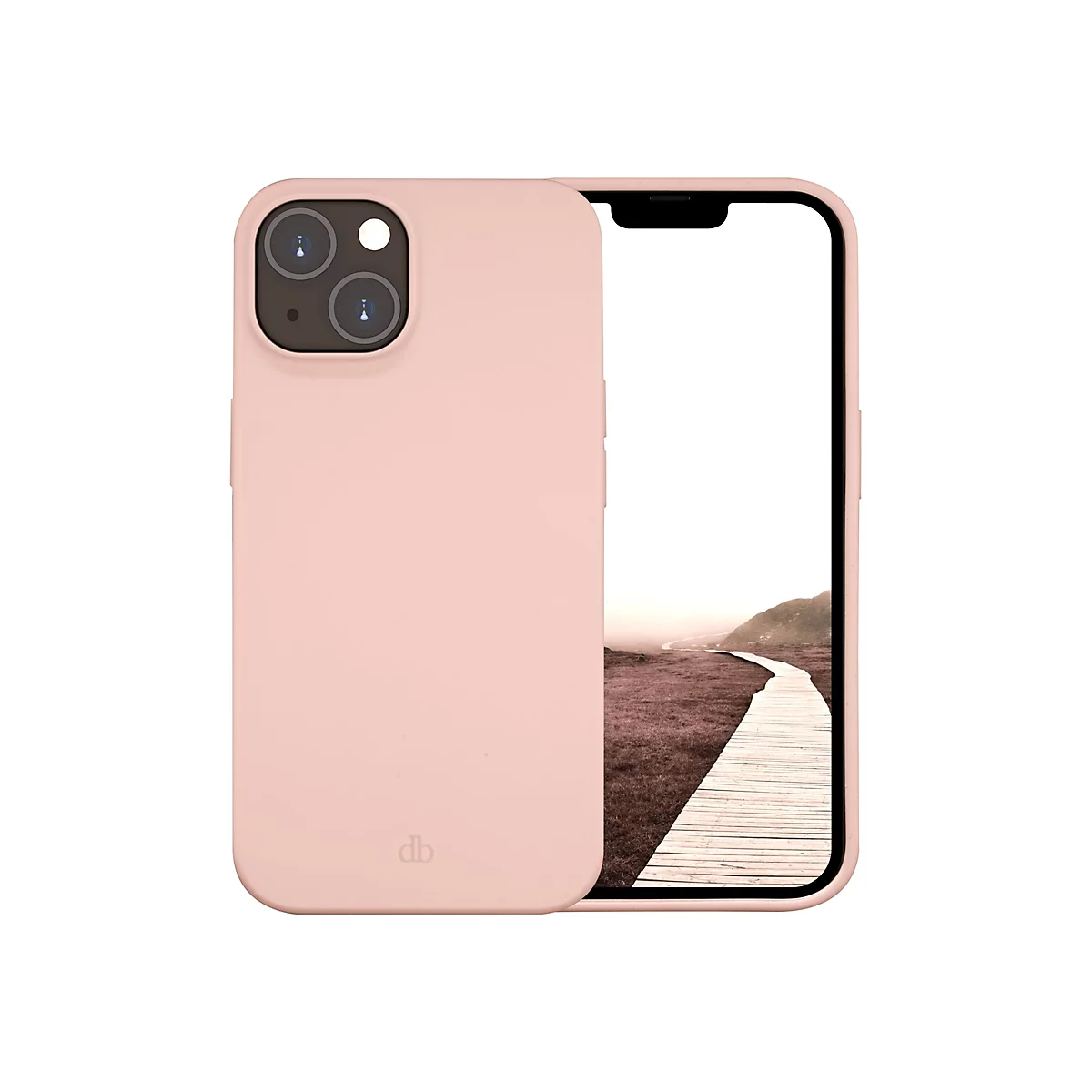 Ein rosa Handy mit Hülle, das Display zeigt einen Holzsteg in einer Landschaft.