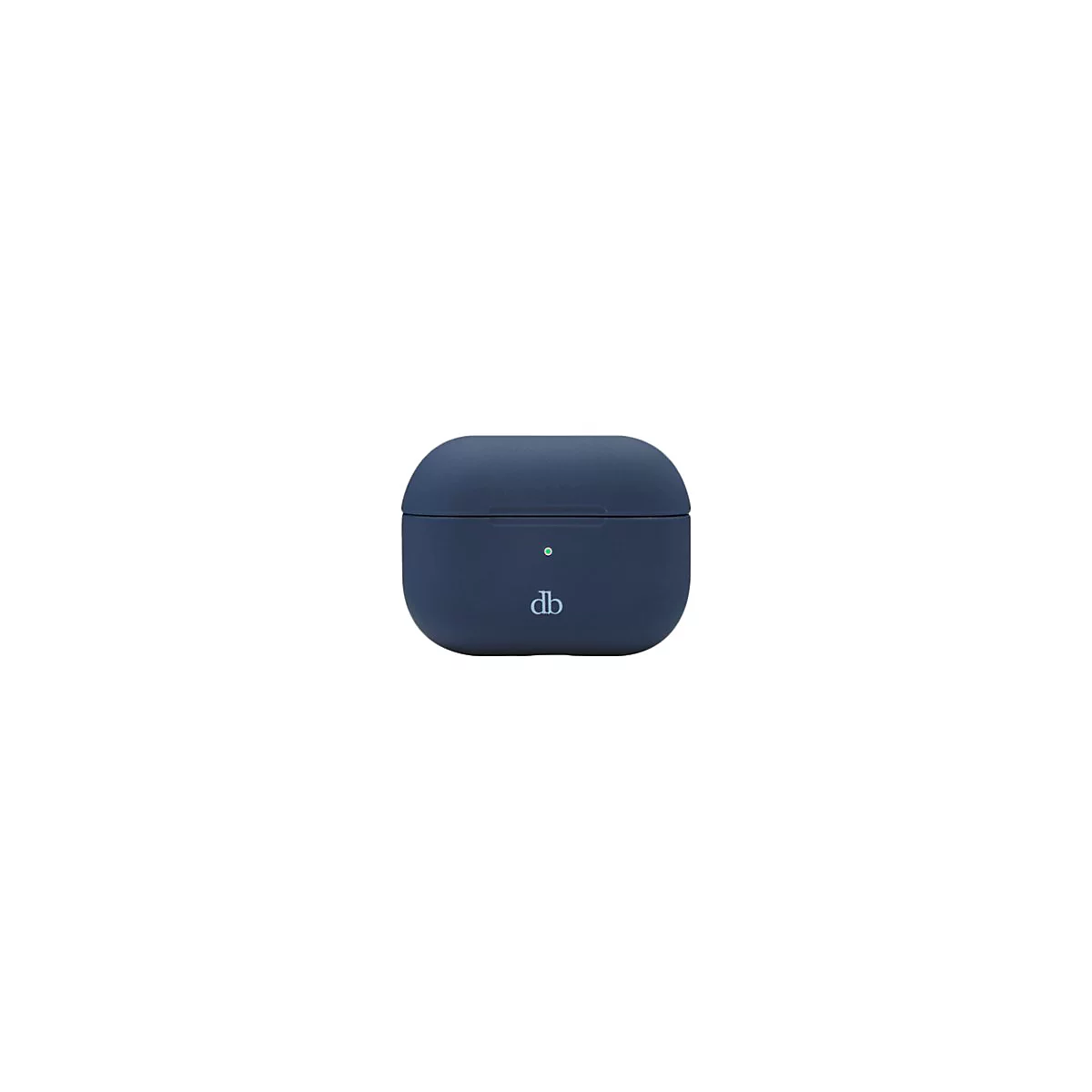 Dunkelblaue AirPods Hülle mit "db" Logo und grüner Anzeige.
