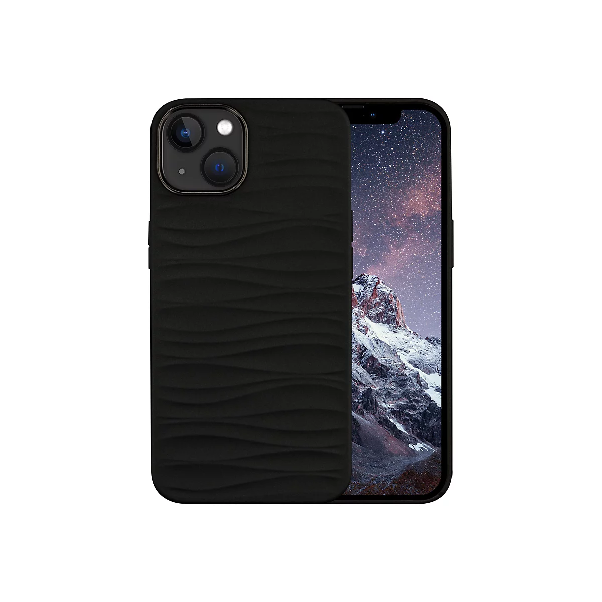 Schwarzes Smartphone mit Wellenstruktur-Hülle, freigestellt. Auf dem Display ist eine Berglandschaft zu sehen.