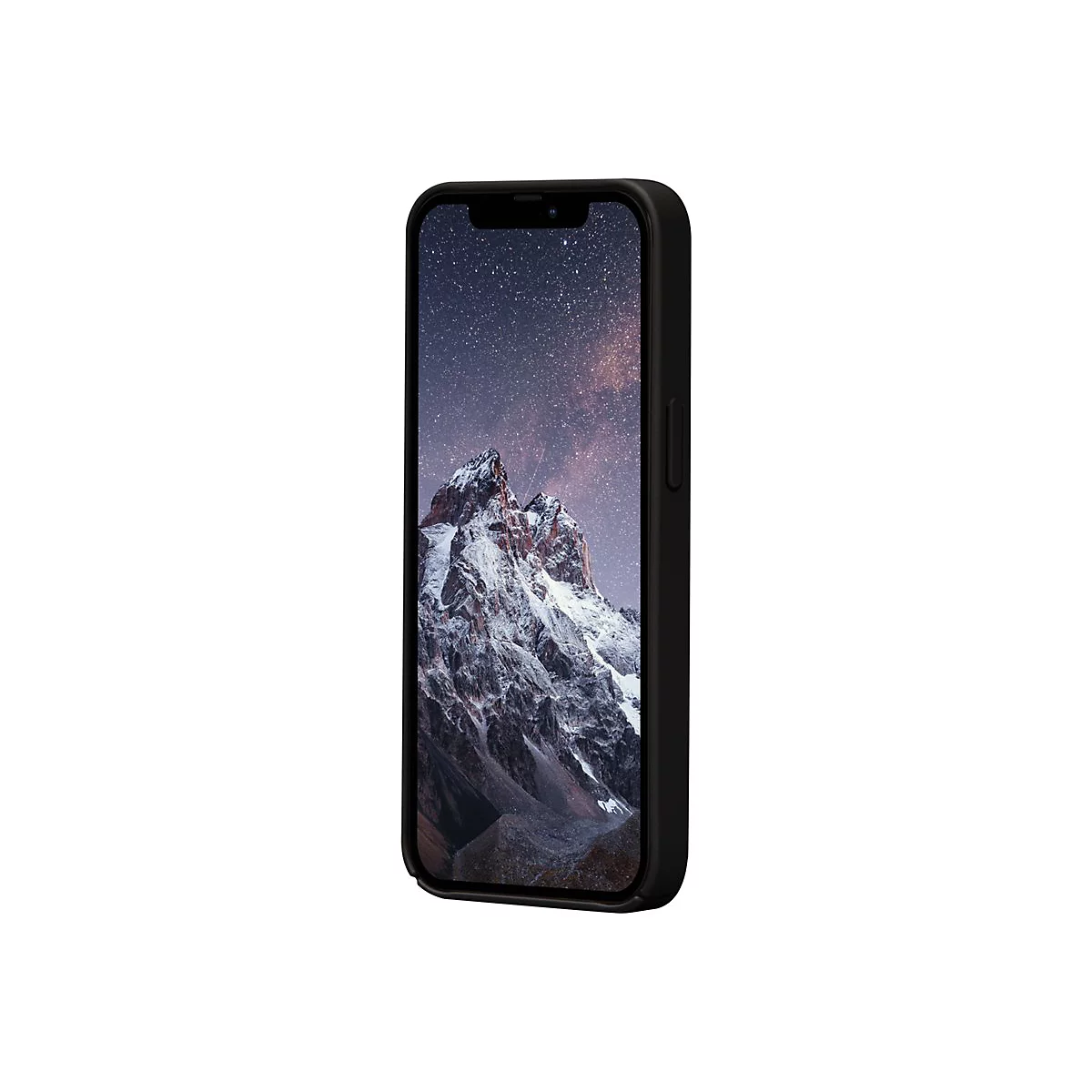 Schwarzes Smartphone mit Berglandschaft auf dem Display. Seitlich sind die Knöpfe und die schwarze Schutzhülle zu sehen.