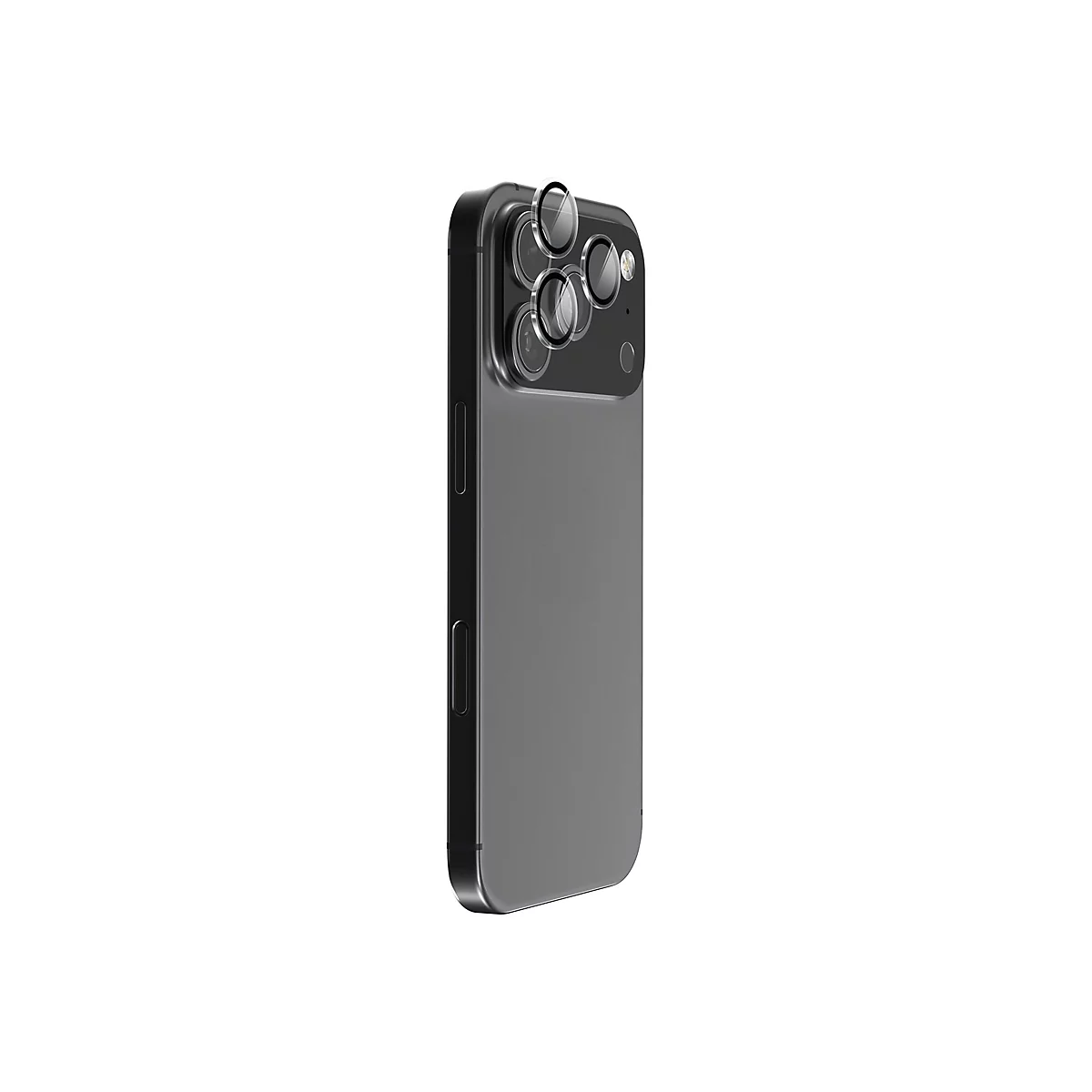 Ein graues Smartphone mit schwarzem Rahmen, das leicht von der Seite fotografiert wurde. Mehrere Kameralinsen sind zu sehen.