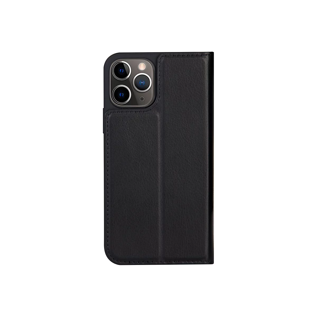 Schwarzes iPhone-Wallet-Case, geöffnet. Das Case ist aus Leder und hat eine Kameraaussparung.