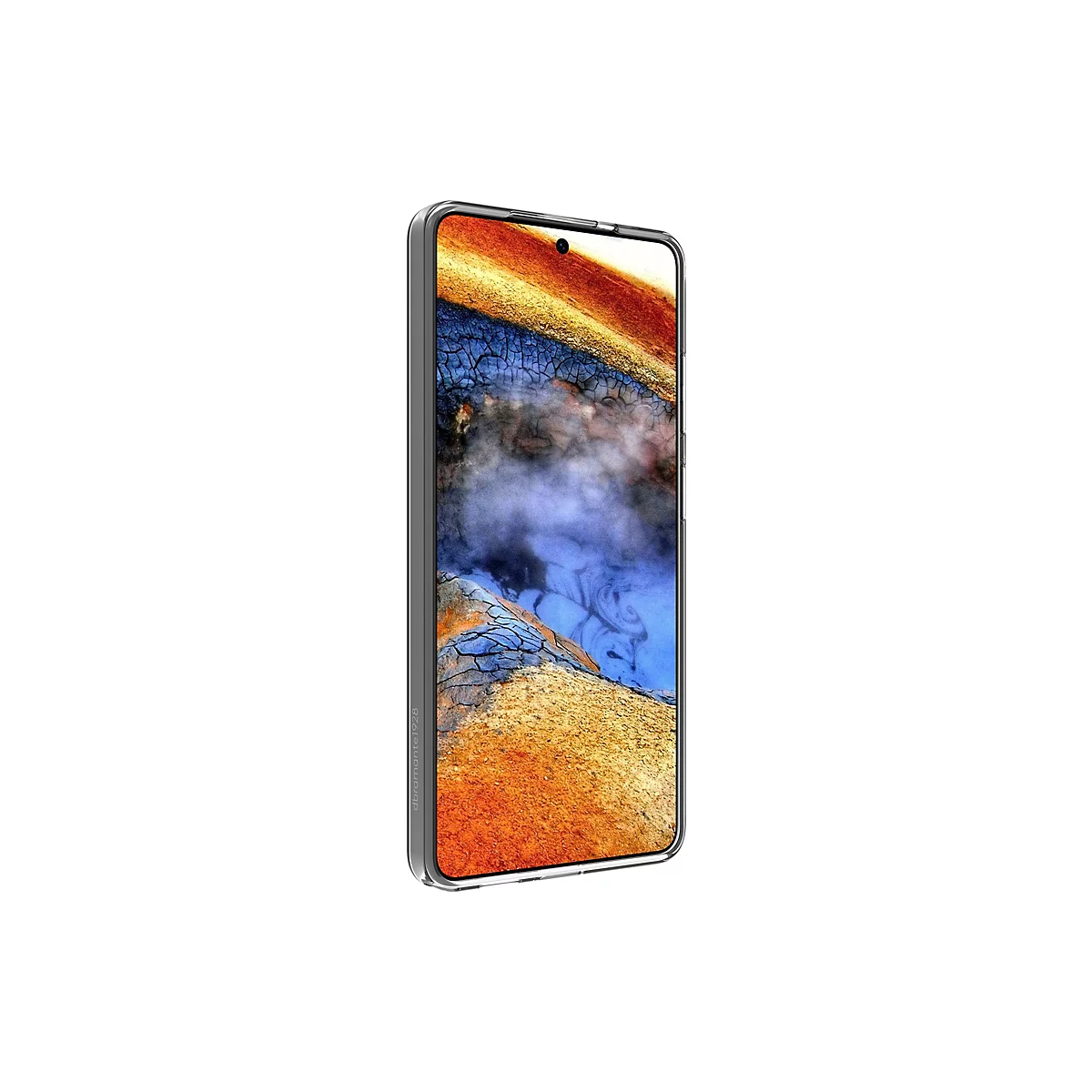 Un smartphone avec un écran affichant un paysage avec des nuances de bleu et de brun. L'appareil est dans un étui.
