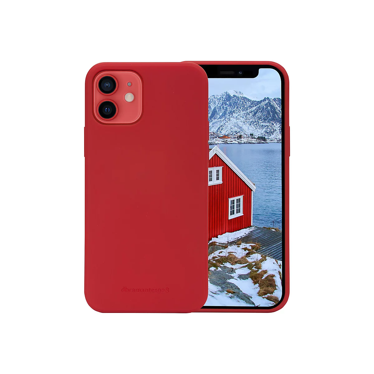 Rotes iPhone 12 in Hülle, zeigt Landschaft mit rotem Haus am See. Die Hülle trägt den Schriftzug dbrante1928.