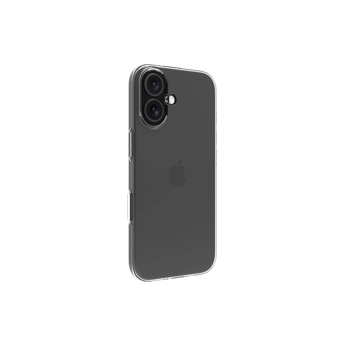 Ein graues Smartphone in einer transparenten Schutzhülle, vor weißem Hintergrund. Das Apple-Logo ist auf der Rückseite sichtbar.