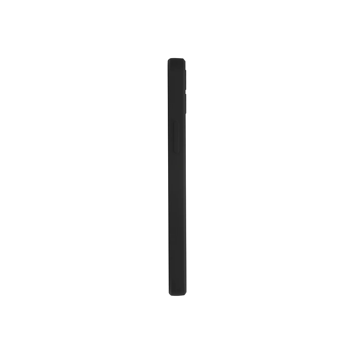 Nahaufnahme eines schwarzen Smartphones im Profil, die Bedienelemente sind sichtbar.
