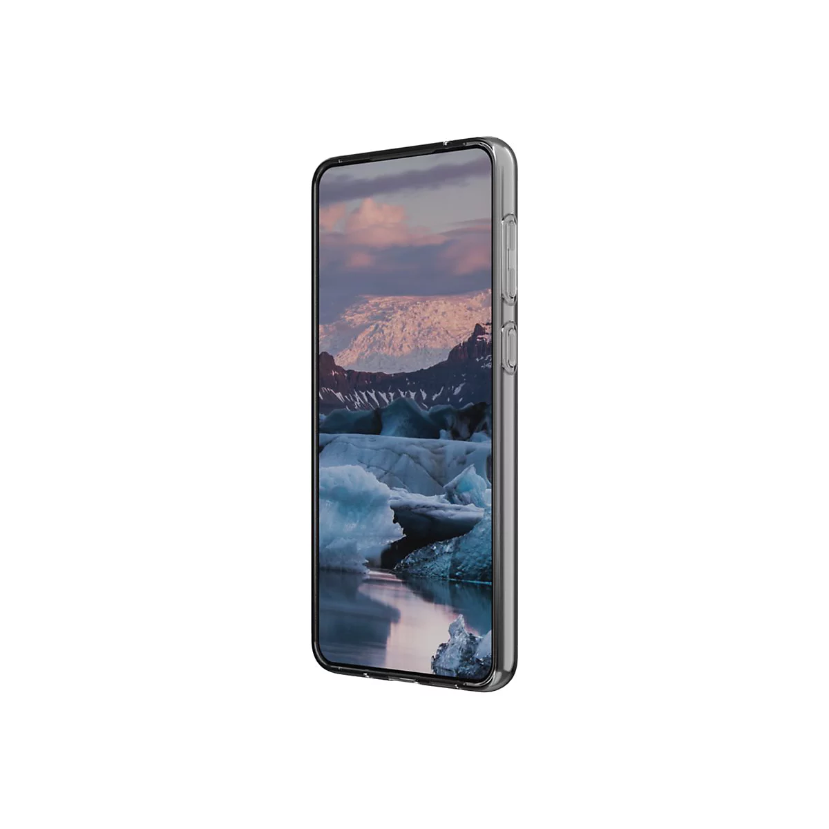 Smartphone in Hülle mit Landschaftsbild. Transparente Schutzhülle. Knöpfe an der Seite.