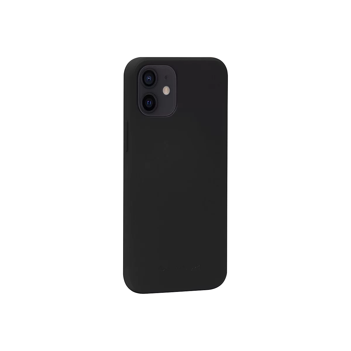 Schwarze Smartphone-Hülle, die ein Smartphone auf einem weißen Hintergrund schützt. Sie hat Aussparungen für Kamera und Knöpfe.