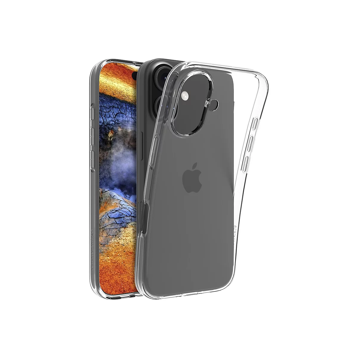 Ein iPhone mit einer durchsichtigen Hülle. Das Telefon ist teilweise in der Hülle und zeigt einen Bildschirm mit braunen und blauen Farbtönen. 