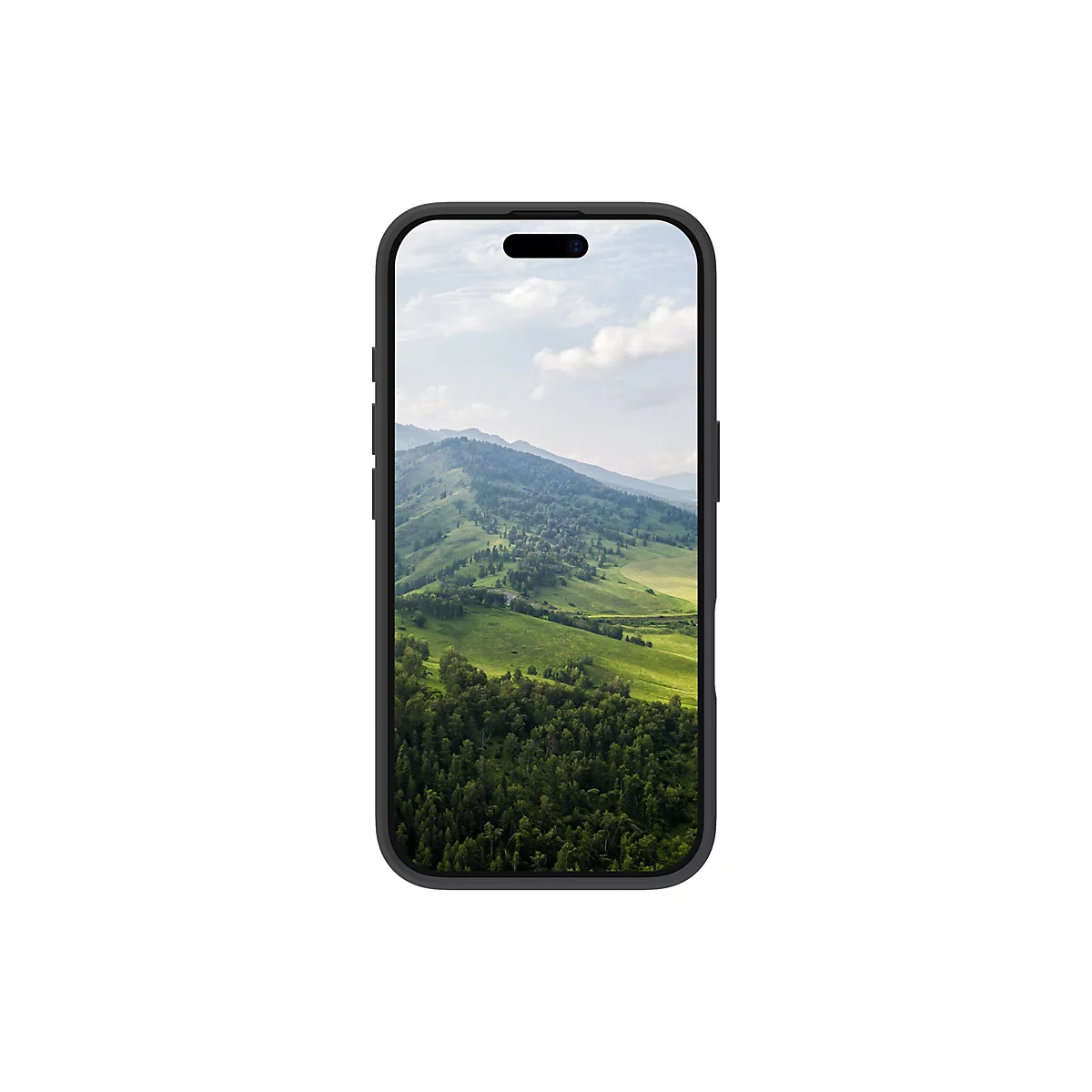 Smartphone mit Landschaftsbild: Grüne Hügel, Bäume, blauer Himmel und Wolken.