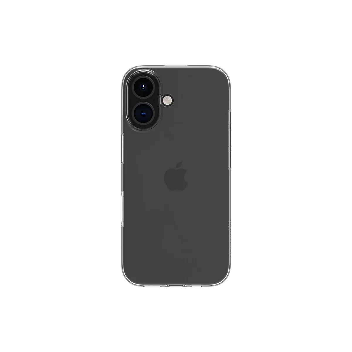 Ein graues Smartphone mit zwei Kameras und einem Apfel-Logo, umgeben von einer transparenten Schutzhülle, auf weißem Hintergrund.